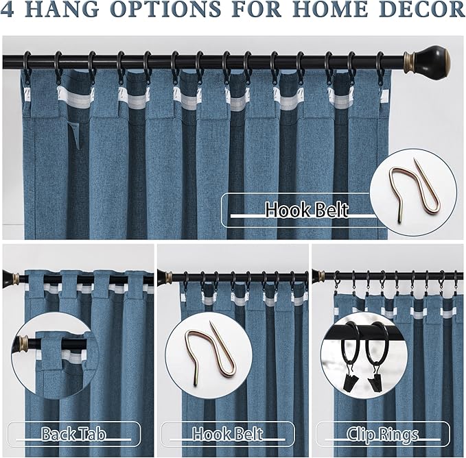 DUALIFE 96 Inch Blackout Curtains - Back Tab Rod Pocket Thermal Insulated Sun Block Out Bedroom Curtains Boho Decor Window Covering Drapes for Hall Living Room W52 x L96,2 Pcs, Classic Blue