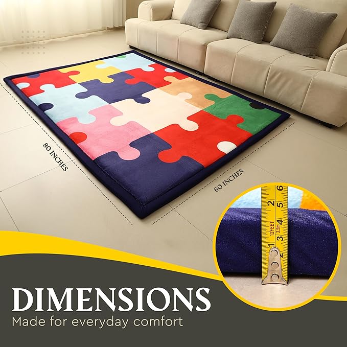 Puzzle Baby PlayMat Rug Extra Thick 3.5CM | Cloudsoft Coral Velvet Crawl Memory Foam Floor Mat | Anti-Spill | Anti-Slip | Toddlers Infants Kids Children | 60"x80" | Tummy Time | Padded Yoga Rug