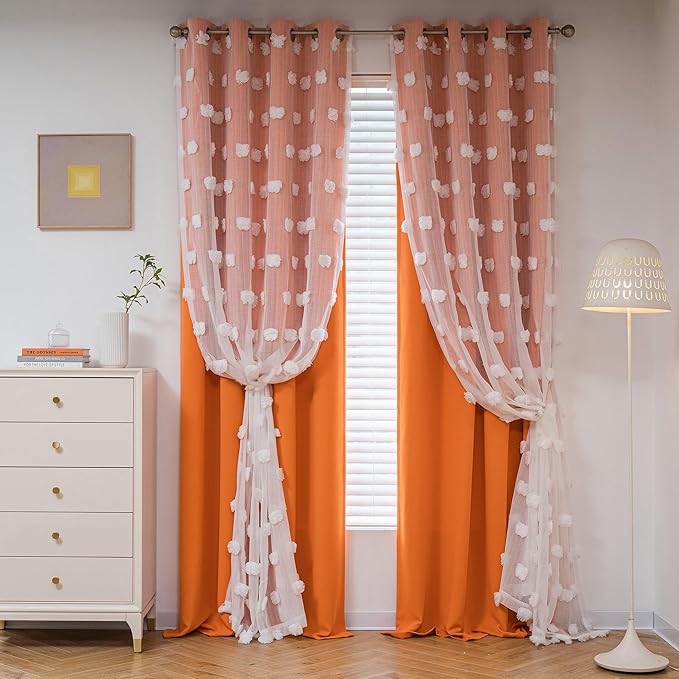 MYSKY HOME Orange Blackout Curtains for Living Room Girls Bedroom Double Layer Curtains Nursery Kids Room 84 Inch Long Curtains White Pom Pom Sheer Grommet Room Darkening Window Curtains, 52" x 84"