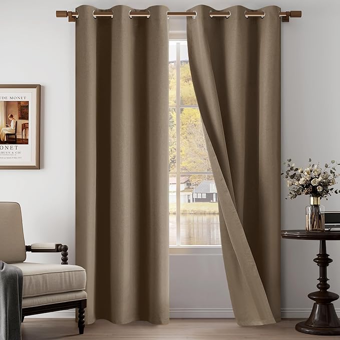 Light Weight Curtains 100% Blackout Linen Textured Curtains 96 Inch Length for Living Room, Bedroom, Full Blackout Curtains with Grommets Top, Brown, 37" W x 96" L, 2 Panels