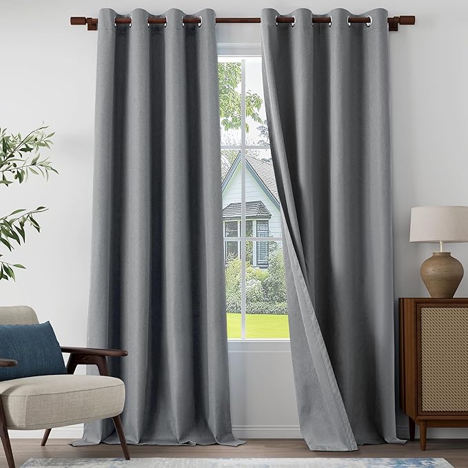 100% Blackout Linen Textured Curtains 108 Inch Length 2 Panels Set for Living Room, Bedroom, Light Weight Curtains with Grommets Top, Full Blackout Curtains Privacy Protection, Gray, 52" W x 108" L