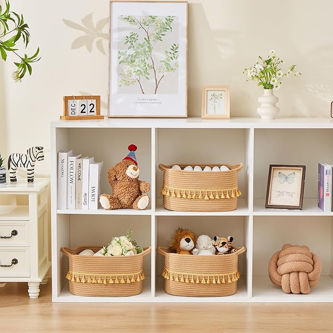Storage Bins Woven Baskets for Storage Set of 3, Cotton Rope Basket with Handles for Toys/Shelves/Laundry, Rectangle Multi-Purpose Organizer for Living Room, Bedroom, Nursery (Brown)