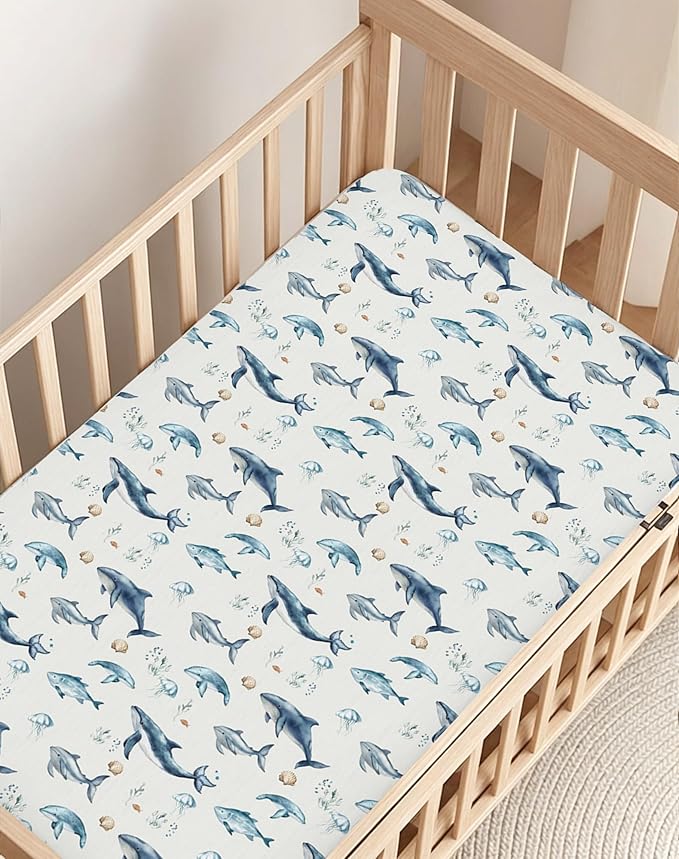 Pack and Play Sheets 2 Pack, Fitted Jersey Knit Mini Crib Sheets for Baby Boys and Girls, Compatible with Graco Pack N Play and Mini Crib Mattress (Aquatic Adventures, Pack N Play/Mini Crib Sheets)