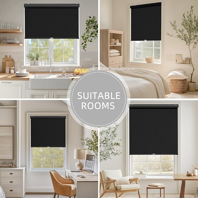 ChrisDowa Blackout Roller Shades for Windows, Striped Pattern Cordless Pull Down Door Blinds with Privacy, Thermal Insulated Window Shades for Living Room, Home and Office. Black, 60" W x 72" H