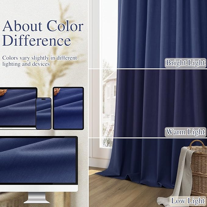 Guken 100% Blackout Curtains 80 Inch Length 2 Panels Set for Living Room Bedroom Back Tab Thermal Insulated Black Out Linen Drapes Room Darkening Window Curtains 80 Inches Long,Classic Blue