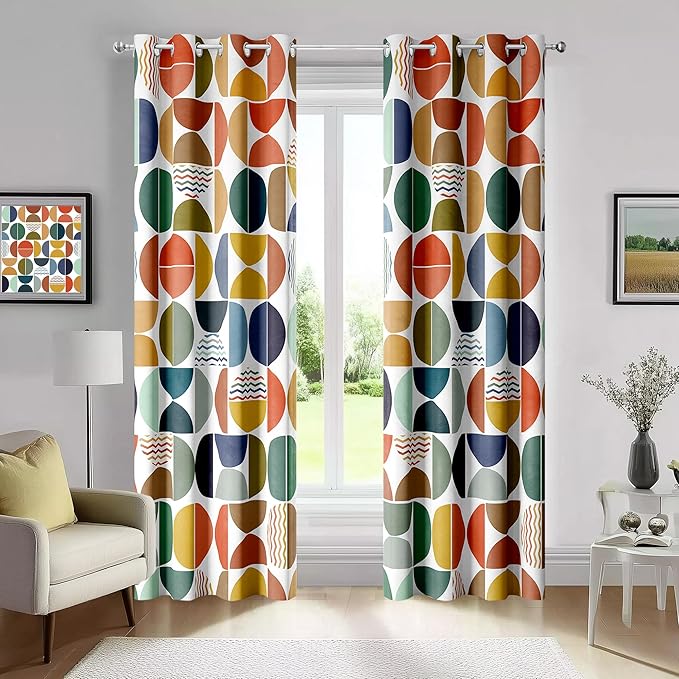 Mid Century Modern Abstract Blackout Curtains, Boho Colorful Geometric Circle Pattern Window Drapes，Living Room Bedroom Decor 2 Panels 52x84 Inch