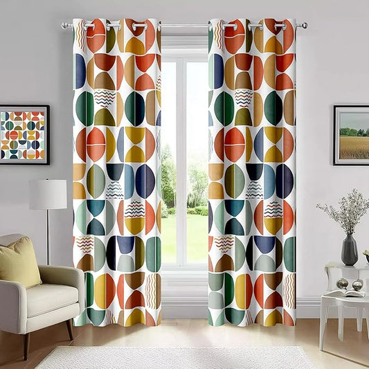 Mid Century Modern Abstract Blackout Curtains, Boho Colorful Geometric Circle Pattern Window Drapes，Living Room Bedroom Decor 2 Panels 52x84 Inch