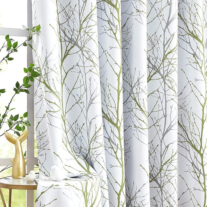 FMFUNCTEX 100% Blackout Patio Sliding Glass Door Curtains 96 Inch Long for Bedroom, Green Grey on White Tree Branch Patterned Drapes for Living Room Divider, Extra Wide Thermal Insulated Panels