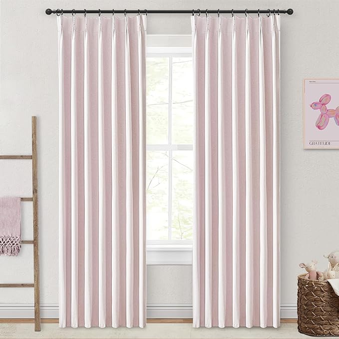 Pink Boho Blackout Curtains for Girls Room, Viral Pinch Pleated Linen Drapes Back Tab 96 Inches Long for Bedroom/Nursery Sound Dampening Heat Blocking Window Curtain (40" Wx96 Lx2 Panels)