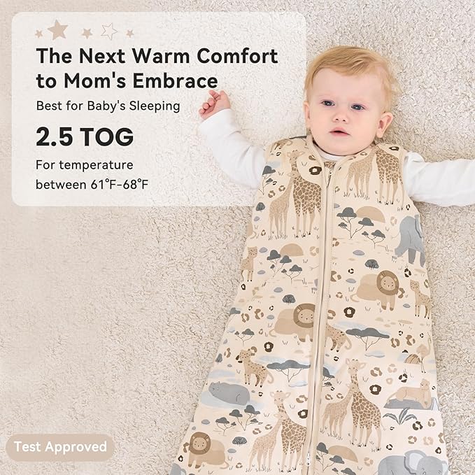 Unnivoll Baby Sleep Sack 12-18 Months TOG 2.5 Winter Baby Wearable Blanket, 100% Cotton Toddler Sleeping Sack with 2-Way Zipper Warm Soft Apricot Zebra