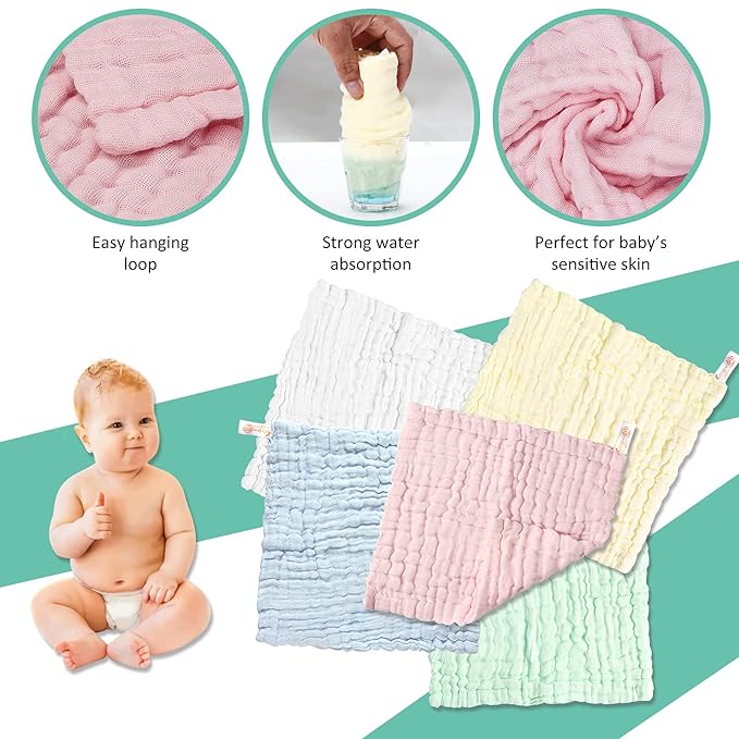 Muslin Cloth, Baby, Washcloths, Muslin Cloths, Burp Cloths, Girls, Boys, Wet Wipes, Children, Muslin, Burp Cloth, Pack of 30, 25 x 25 cm