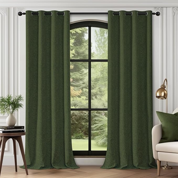 Metro Parlor Green Floral Blackout Curtains 63 Inch Length for Bedroom, Jacquard Chenille Patterned Vintage Flower Curtains for Living Room Darkening Thermal Insulated Grommet Window Drapes, 2 Panels