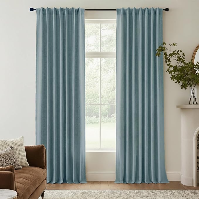 NICETOWN 100% Blackout Skylark Blue Linen Curtains 90" Length with Thermal Insulated Liners, Farmhouse Style Room Cooling Small Window Draperies for Dining Room (2 Panels, 52" W)