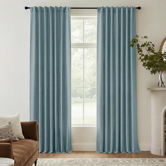 NICETOWN 100% Blackout Skylark Blue Linen Curtains 90" Length with Thermal Insulated Liners, Farmhouse Style Room Cooling Small Window Draperies for Dining Room (2 Panels, 52" W)
