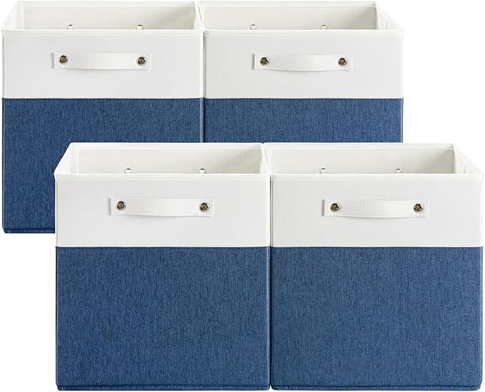 13 x 13 Inch Fine Linen Storage Bins with Handles，Fabric Cube Boxs，Basket Organizers for Shelves for Home, Closet Drawers (White/Blue-4 Pack)