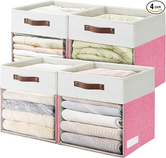 Storage Cubes, 4 Pack Linen Foldable Storage Bins (13 x 13 inch) with Clear Window and Handles, Fabric Organizer for Shelf Closet, Clothes, Books - (Pink and White)