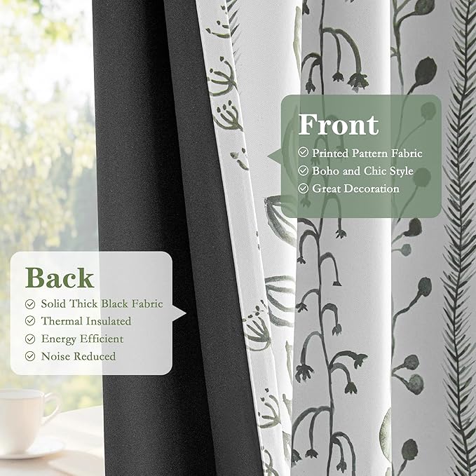 MEETSKY Sage Green Blackout Curtains 72 Inches Long 2 Panels Boho Curtains for Living Room Thermal Insulated Privacy Protection Rod Pocket Drapes for Bedroom, Leaf Print Window Treatment, 50" Wide