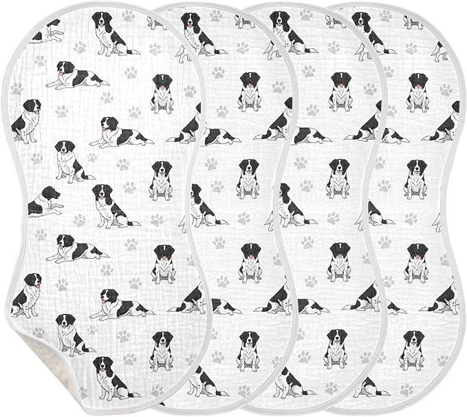 Qinllo 4 Pack Muslin Burp Cloths Collie Dogs Cute White Cotton Baby Burp Cloths Absorbent Burping Cloth Soft Spit Up Rags for Baby Boys Girls 22x11 Inch