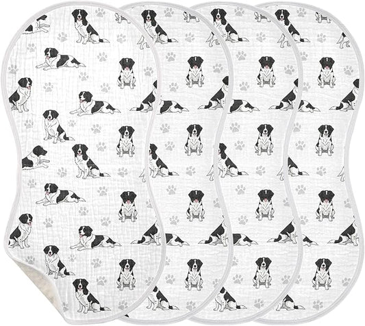 Qinllo 4 Pack Muslin Burp Cloths Collie Dogs Cute White Cotton Baby Burp Cloths Absorbent Burping Cloth Soft Spit Up Rags for Baby Boys Girls 22x11 Inch