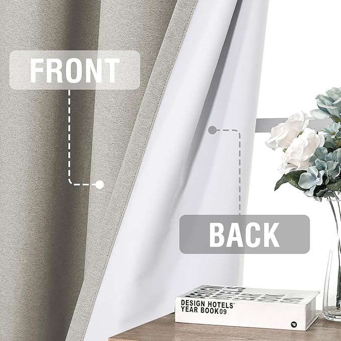 H.VERSAILTEX 100% Blackout Curtains 108 inches Long, Grommet Top Linen Full Blackout Window Curtains with Thermal Backing for Light Blocking, 2 Panel Sets, 52x108 Inch, Heather Oatmeal(Not Solid)