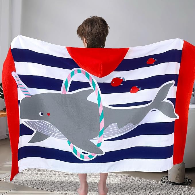 VOOVA & MOVAS Hooded Beach Towel for Kids,(3-8 Years, 30''X50),Absorbent 100% Cotton Towel Wrap for Boys, Perfect for Toddler Beach, Pool, Bath, Swimming, Hula-Hooping Narwhal