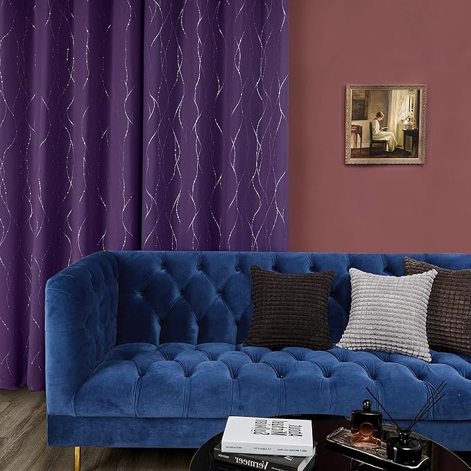 Deconovo Blackout Drapes 95 Inches Long, Purple Blackout Curtains with Silver Wave Dots Print Pattern, Thermal Insulated Soundproof Curtain for Sliding Glass Door Patio Living Room Bedroom, Set of 2