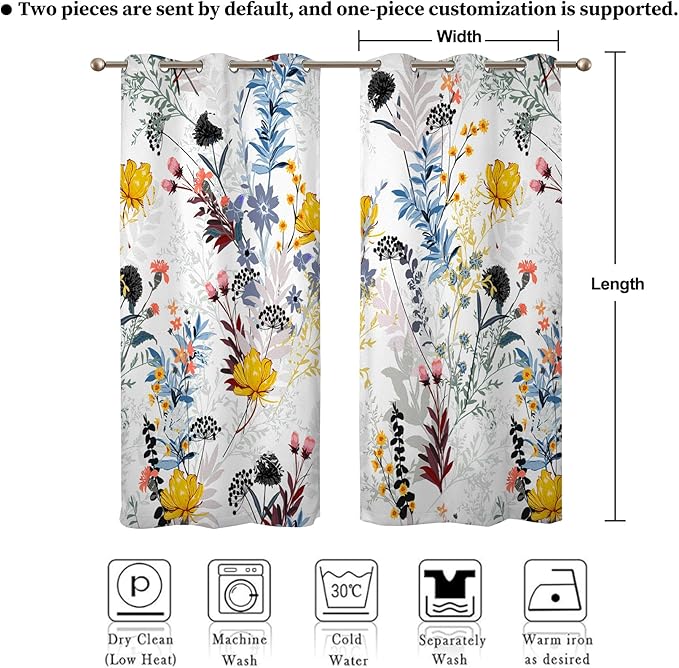 Renaiss Botanical Plants Blackout Curtains, Wild Flowers Plants Print Thermal Insulated Bedroom Window Curtains, Boho Floral Window Drapes for Living Room, 96" L x 53" W 2 Panel Set