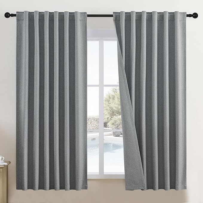DUALIFE Linen Blackout Curtains 63 Inches Long, Back Tab Rod Pocket Hook Belt Sun Heat and Full Light Blocking Curtain Panels for Bedroom Living Room, 2 Panels, Dark Grey, W50 x L63