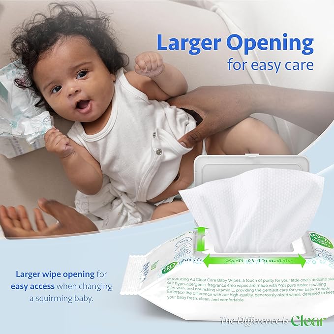 All Clear Care Baby Wipes, Unscented Wipes for Sensitive Skin, Large Soft Durable & 99% Water Based, Gentle & Hypoallergenic for Babies & Adults, Vitamin E and Aloe, Flip Top Lid, 6 Pack (480 Wipes)