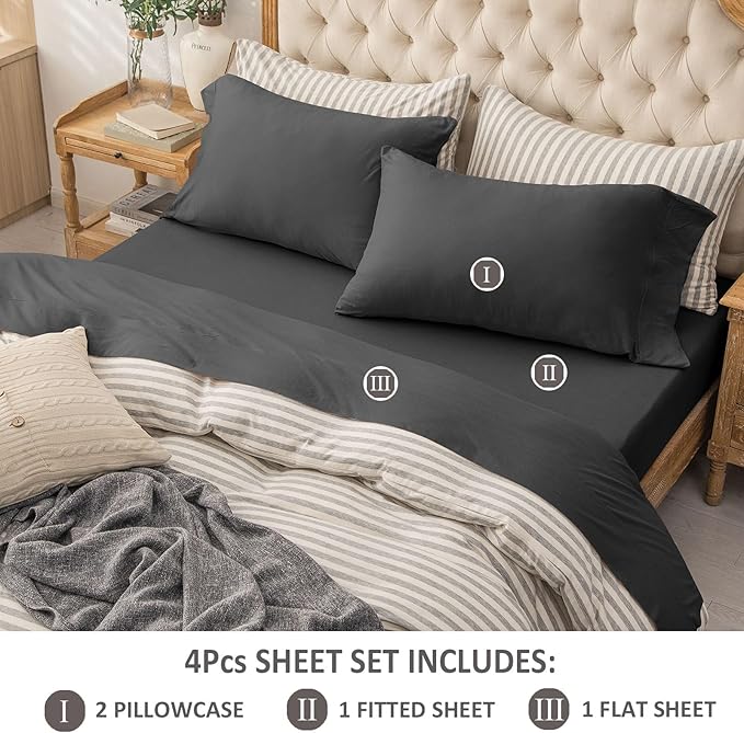 PURE ERA Jersey Knit 4pc Bed Sheet Set 100% T-Shirt Cotton Super Soft Comfy Breathable Fits Mattress Up to 20" Extra Deep Pocket (Solid Deep Grey, Queen)
