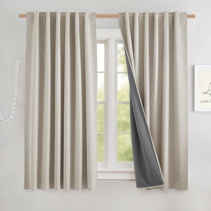 NICETOWN Natural Linen Blackout Curtain Panels 52 x 68 Inch, Set of 2 Thick Insulated Bedroom Draperies with Rod Pocket & Back Tab, Thermal Liner for Total Light Blocking Windows, Classic Style