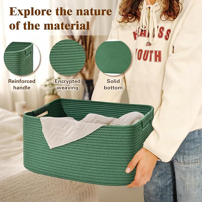 4 Pack Large Storage Basket for Organizing, 17.5"x13.5"x7.5" Woven Basket for Shelves, Closet Cube Storage Bins with Wrapped Handle, Cotton Rope Baskets for Kitchen, Clothes, Toys(Green)
