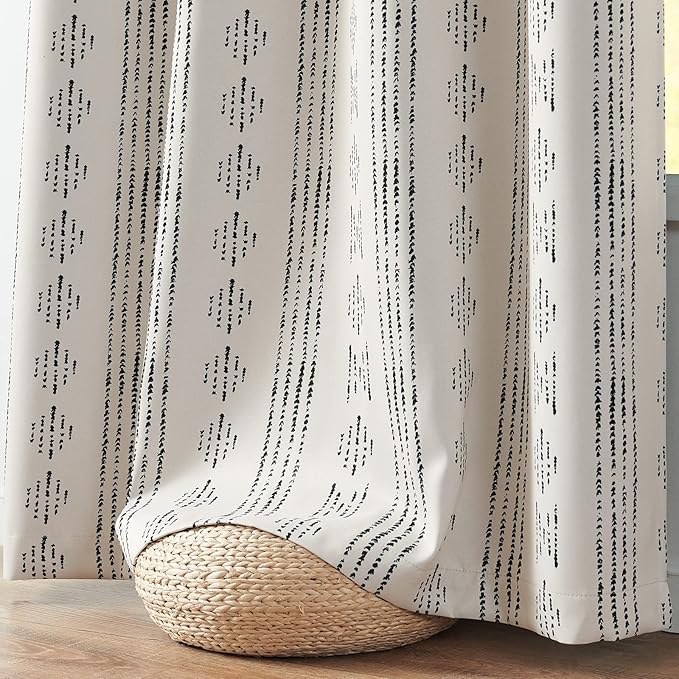 jinchan 95% Blackout Boho Curtain 84 Inches Long for Bedroom 1 Panel Extra Wide Printed Curtain Black on Beige Geometric Grommet Top Thermal Insulated Window Drape