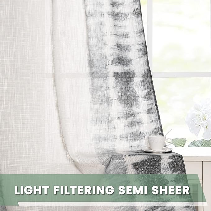 MEETSKY Flax Linen Sheer Curtains 95 Inches 2 Panels Light Filtering Window Modern Cotton Curtains for Living Room Printed Soft Rod Pocket Decorative Curtains for Office