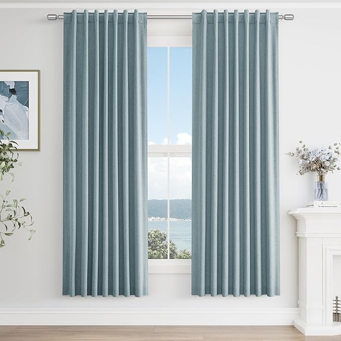 Guken Blue 100% Blackout Curtains 72 Inch Length 2 Panels Set for Living Room Bedroom Back Tab Thermal Insulated Black Out Linen Drapes Room Darkening Window Curtains 72 Inches Long Dusty Blue
