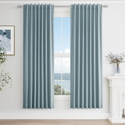 Guken Blue 100% Blackout Curtains 72 Inch Length 2 Panels Set for Living Room Bedroom Back Tab Thermal Insulated Black Out Linen Drapes Room Darkening Window Curtains 72 Inches Long Dusty Blue