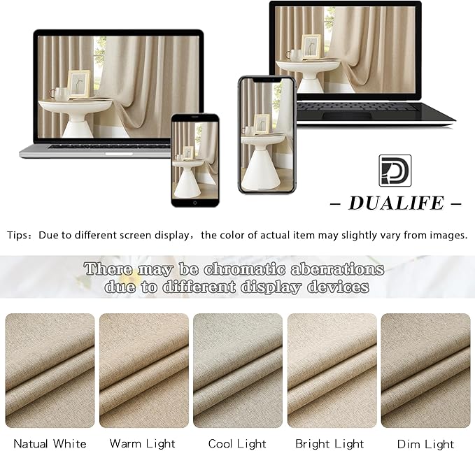 DUALIFE Taupe Flax Linen Curtains 80 Inches Long for Living Room Dining 2 Panels Back Tab Rod Pocket Hook Belt Burlap Textured Pinch Pleated Drapes for Bedroom,50 by 80 Inch,2 Pieces