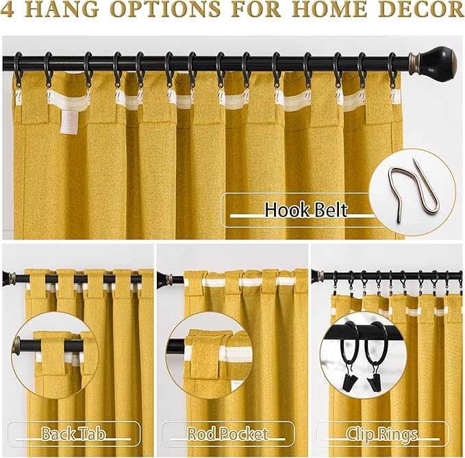 Full Black Out Curtains 72 Inch Long 2 Panels Blackout Linen Drapes for Bedroom Living Room Darkening Curtain Thermal Insulated Summer Heat Back tab Rod Pocket Pleated Drapes(50x72 Inch,Yellow)