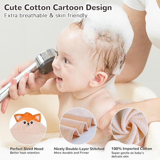 Viviland 2 Pack Hooded Baby Towels, Soft 100% Cotton Baby Bath Towels with Hood, Extra Thick and Absorbent, Essential for Newborns, Kids, Infants - Girls and Boys (Fox & Rabbit)