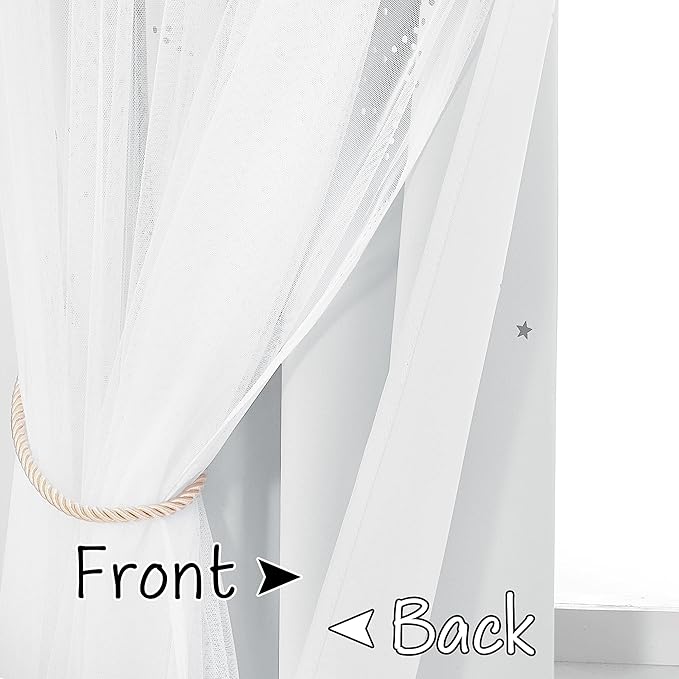 NICETOWN Double Layered Stars and Moon Cut Out Blackout and Sheer Window Curtain Panel for Girls Bedroom, Grommet Window Treatment Drapes for Christmas Decor, 2 Panels, 52W x 63L, Greyish White