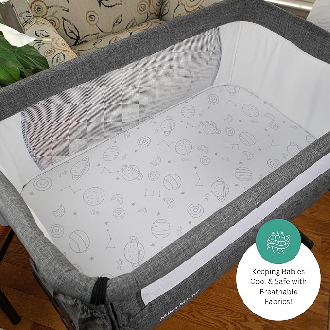 Bassinet Sheets for Mika Micky, Evolur, Larex, Taylengrow Baby, Newton Baby Bedside Sleeper by TansyPanda, 3PC, 33x20, Ultra Soft, Breathable, Snug Fit, Unisex Boys, Girls, Gray White (Space Rockets)