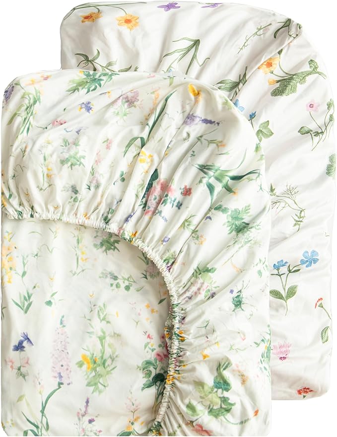 SDIII Floral Pack N Play Sheets Fitted 2 Pack Stretchy Microfiber Jersey Knit Flower Mini Crib Sheets for Mattress 38x26 Soft Toddler Playard Bedding