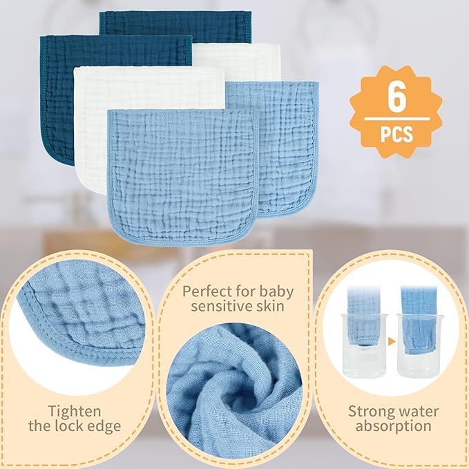 MIGIOL Baby Burp Cloth 100% Cotton Newborn Cotton Muslin Burp Cloth 10x20 inches (White & Blue 6 Pieces)