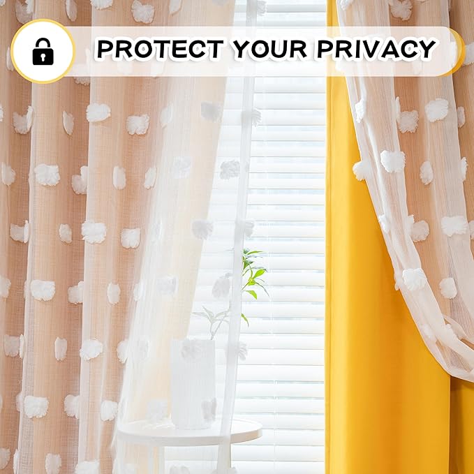 MYSKY HOME Yellow Curtains for Living Room Nursery Curtains 84 Inch Long Double Layer Curtains for Kids Room White Pom Pom Sheer Blackout Grommet Room Darkening Window Curtains 2 Panels Set 52" x 84"