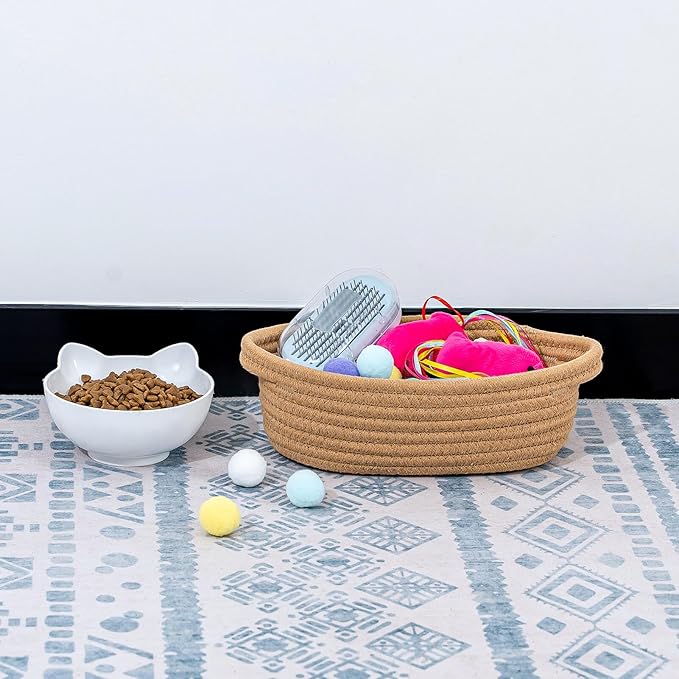 CubesLand Small Cotton Rope Storage Basket Set 5, Shelves Baskets for Organizing with Handle, Decorative Closet Storage Bins for Countertop Toilet Paper Basket for Toilet Tank Top,Brown Basket