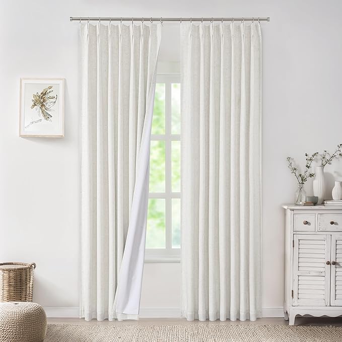 WEST LAKE Bailey Pinch Pleated Linen Full Blackout Curtains 95 Inches Long,Natural Farmhouse Textured Window Panel with Back Tab,Thermal Insulated Window Treatment for Bedroom,Living Room,40"Wx95"Lx2