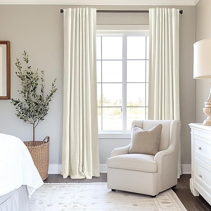 INOVADAY 100% Blackout Curtains for Bedroom, Black Out Curtains 102 Inch Long, Clip Rings Linen Blackout Drapes, Thermal Insulated Room Darkening for Living Room, 2 Panels - Lightcream,W50xL102