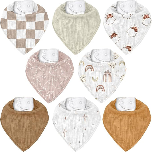 CIVARUA KIDS Muslin Baby Bibs 8 Pack, Baby Bandana Drool Bib for Drooling and Teething, Cotton Soft Absorbent for Girls Boys