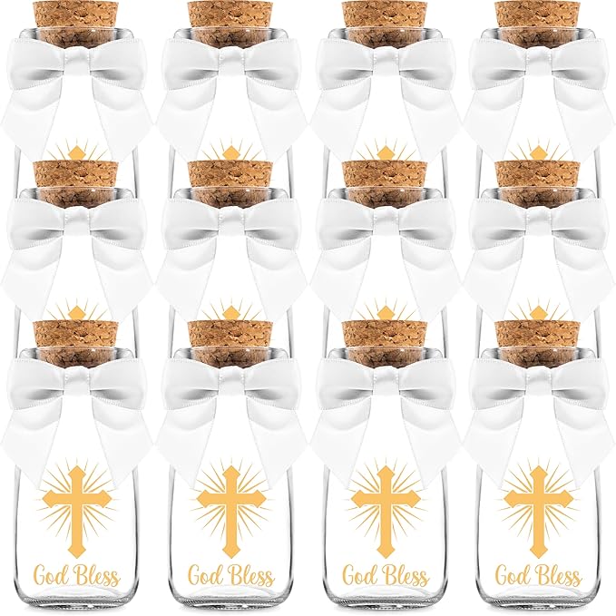 Ethisa Small 12 Pack Baptism Glass Bottles with Ribbons and Stickers - God Bless Party Favors for Baptism and 1st Communion - Bautizo Table Centerpieces Decorations - Baby Christening Theme Candy Jar