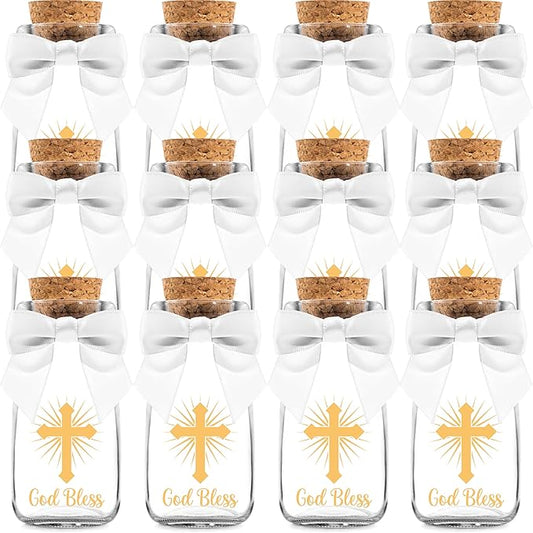Ethisa Small 12 Pack Baptism Glass Bottles with Ribbons and Stickers - God Bless Party Favors for Baptism and 1st Communion - Bautizo Table Centerpieces Decorations - Baby Christening Theme Candy Jar
